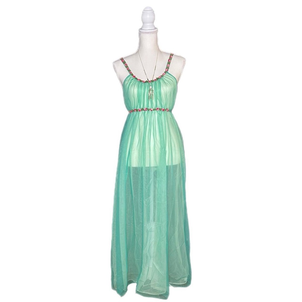 Vintage 60’s Mint Green w/ Pink Rose Bub Trim Slip Nightgown